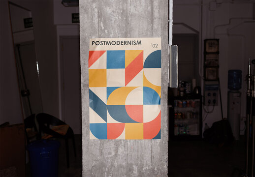 Mockup of customizable vertical A2 poster attached to wall, camera flash