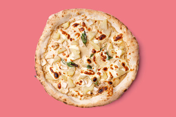 appetizing pizza with pear and mozzarella on a red background, studio shot