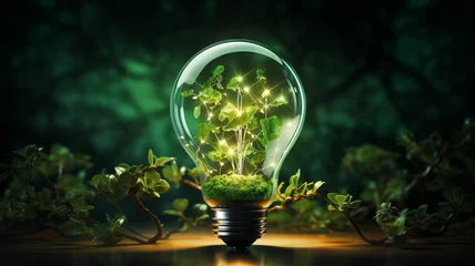 Fotobehang Glühbirne in grüner Farben mit dunklem Natur und Wald Hintergrund. Grüne Energie. Nachhaltige Energie. Generative Ai. © Michael