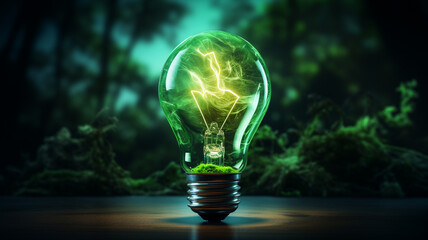 Glühbirne in grüner Farben mit dunklem Natur und Wald Hintergrund. Grüne Energie. Nachhaltige Energie. Generative Ai.