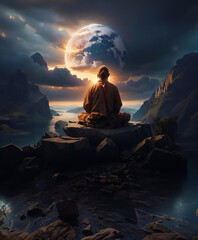 A nobleman meditating envisions the world's end with serene contemplation, Meditation Man Image.