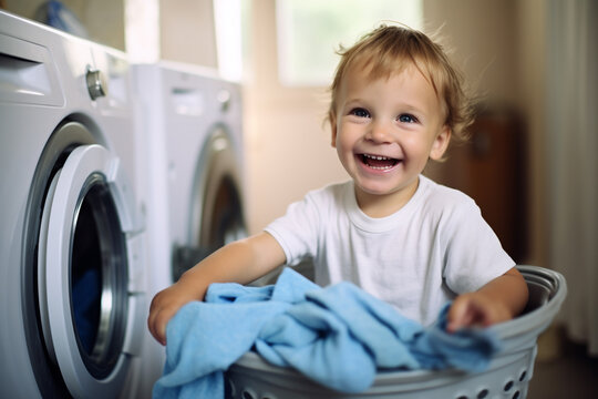 Portrait of happy kid doing laundry in laundry room. Generative AI