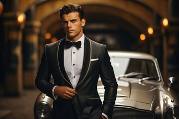 Man in Tuxedo Suit with Car in Background. - obrazy, fototapety, plakaty