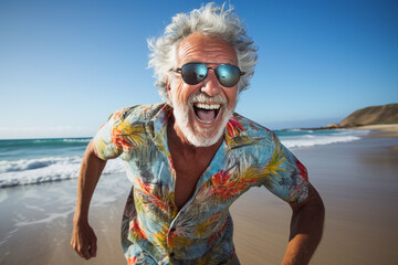 Lifestyles, travel, leisure and fashion concept. Close-up portrait of happy and beautiful mature man in beach. Sunny and windy day. Generative AI