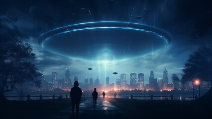 alien visit, flying UFO saucer lands in mysterious atmosphere of night fog