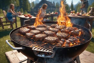 High-angle view of a barbecue grill with burgers cooking on a picnic table