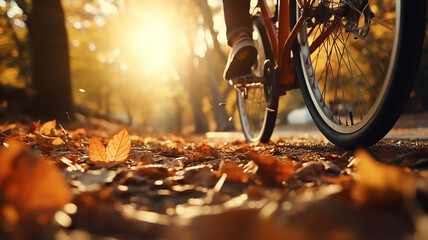 bicycle in motion autumn background wheels leaves flying in autumn park fall sunny day