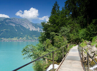  Lake Brienz in Switzerland. Giessbach waterfall from the viewing platform at the base of the falls...