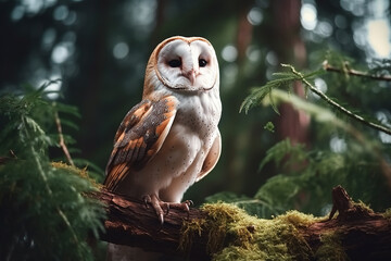 A beautiful barn owl on a branch in the middle of the forest