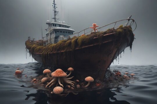 ship overtaken by mushrooms in a dark sea