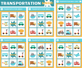 Vector transportation bingo cards set. Fun family lotto board game with cute car, bus, truck, train, plane for kids. Transport lottery activity. Simple educational printable worksheet with vehicles.