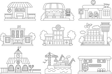 Vector black and white city transportation places set. Bus stop, metro, railway, gas station line clipart. Cute flat hospital, school, airport, seaport icons. Funny public transport coloring page.