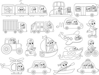 Vector black and white transportation set with children. Funny line water, land, air transport collection with drivers for kids. Cars and vehicles clip art. Cute car, train, bus icons, coloring page