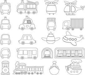 Vector black and white transportation set with front and side view. Funny line water, land, air underground transport for kids. Cars and vehicles clip art. Cute car, train icons or coloring pages.