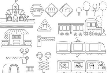 Fototapeta na wymiar Vector black and white railway transport set. Funny line railroad transportation collection with train, steam train, road signs, station clipart for kids. Cute rail vehicle icons, coloring page