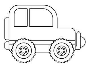 Vector black and white jeep car. Funny line off-road automobile for kids. Cute vehicle clip art. Retro transport icon isolated on white background or coloring page.