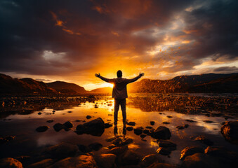 Male spread his hands to the sides welcoming sunset. Happy person in the nature environment in the mountains.