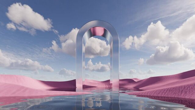 Abstract background of white clouds floating in the blue sky above the pink sand dunes and calm water. Surreal fantastic landscape with metallic arch in the middle of desert. 3d slow motion animation