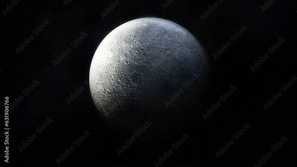 Wall mural dark gray image of a half-illuminated moon in outer space.