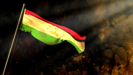 defocused Tajikistan flag on smoke with sun rays backdrop - catastrophe concept - abstract 3D rendering