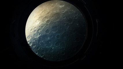 Close-up of the lunar surface from a spaceship porthole.