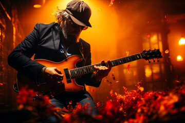 Bearded grey-haired man in cap and glasses plays the guitar. Adult rock musician at the red backdrop.