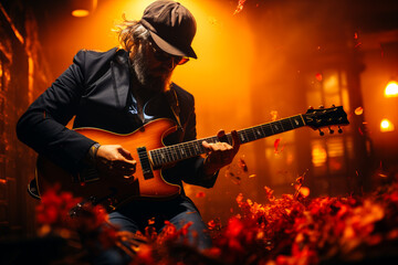 Obraz premium Bearded grey-haired man in cap and glasses plays the guitar. Adult rock musician at the red backdrop.