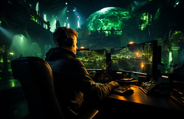 Back view of a man sitting in front of computer screens. Male wearing headphones playing computer game.