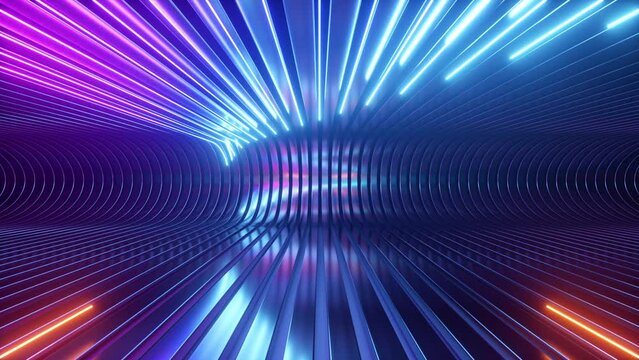 endless 3d animation. Bright neon lines slide down the metallic ceiling walls and floor. Abstract iridescent animated background