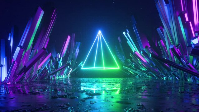 cycled 3d animation, abstract neon background. Colorful virtual linear pyramid rotates and flies forward along the dark road with iridescent crystals at night. Digital futuristic animated wallpaper - Powered by Adobe
