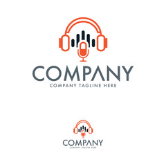 Creative microphone and headphones Logo with Linear Outline Style. Technolgoy Logo Icon Symbol Vector Design Template.