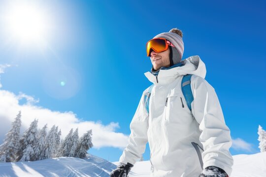 happy young man in ski goggles and white jacket on the background of winter landscape, A candid image of a confident woman snowboarding in the mountains, AI Generated