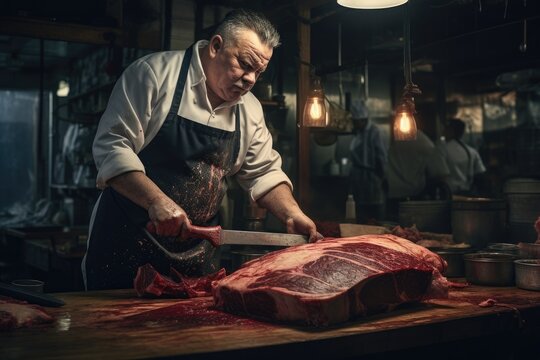 Butcher cutting a piece of raw meat in a butchery. A butcher sharpening a large meat cleaver, AI Generated