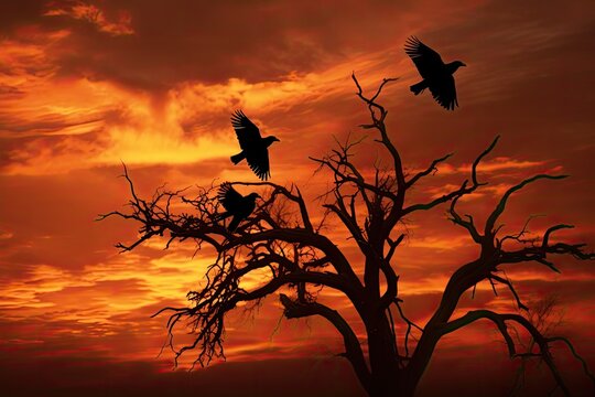 Halloween background with tree and ravens on orange sunset sky. A captivating image of a majestic African eagle perched on a tree branch, its feathers billowing in the wind, AI Generated