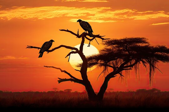 African savannah at sunset with birds and acacia tree, Kenya, A captivating image of a majestic African eagle perched on a tree branch, its feathers billowing in the wind, AI Generated