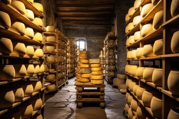 Cheese in a cellar of a winery in South Italy. A cheese aging cellar with rows of cheese wheels on wooden shelves, AI Generated - obrazy, fototapety, plakaty