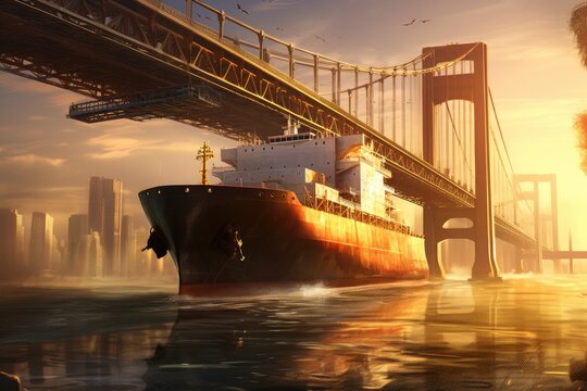 Cargo ship on the river at sunset, toned image. a cargo ship passing under a bridge, AI Generated
