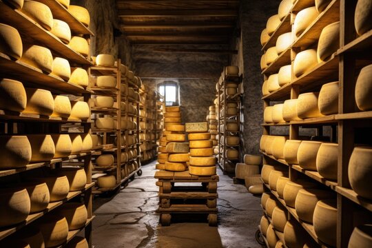 Cheese in a cellar of a winery in South Italy. A cheese aging cellar with rows of cheese wheels on wooden shelves, AI Generated