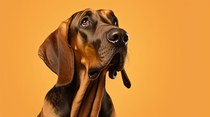 A playful bloodhound on a peach background - obrazy, fototapety, plakaty