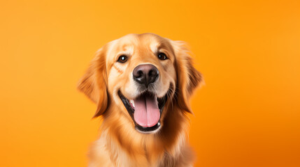 A happy golden retriever on an orange background