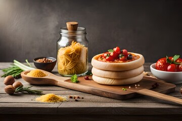 Italian food ingredients and snacks on wooden background