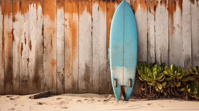 Vintage surfboard leaned against a weathered beach shack