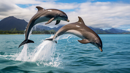 Obraz premium Playful dolphins leaping joyfully in the ocean