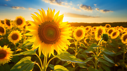 Sunflower field basking in the golden summer sunlight