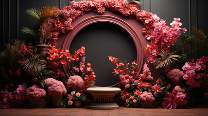 round frame with flowers presentation studio background stage podium abstract invitation