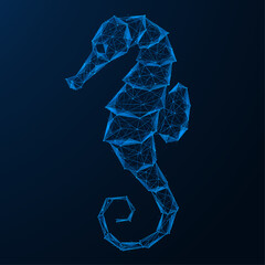 Seahorse. Low-poly design of interconnected lines and dots. Blue background. © Ilya