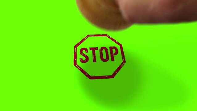 Stop stamp and hand stamping impact isolated animation. Blocked and ban 3D rendered concept. Alpha matte channel.