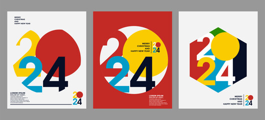 2024 colorful set of Happy New Year posters. Abstract design typography logo 2024 for vector celebration and season decoration, backgrounds, branding, banner, cover, card and or social media template.