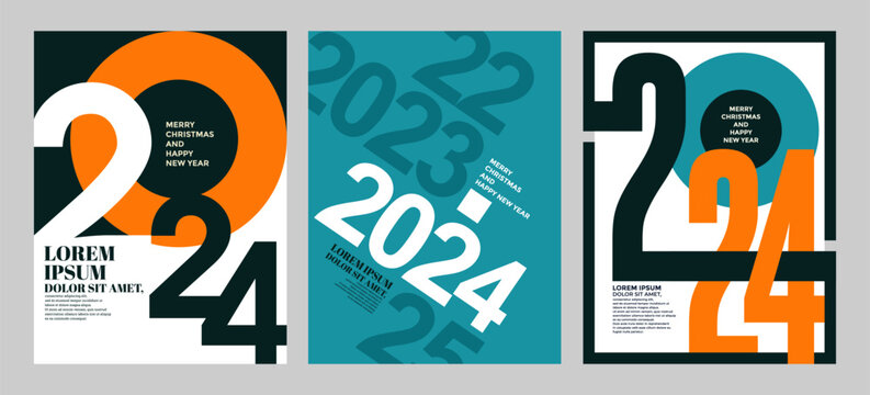 2024 colorful set of Happy New Year posters. Abstract design typography logo 2024 for vector celebration and season decoration, backgrounds, branding, banner, cover, card and or social media template.