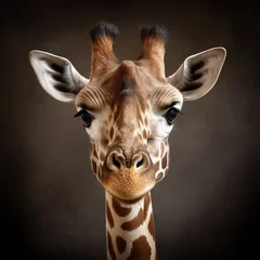 Gordijnen A Nubian giraffe with characteristic chestnut-colored spots surrounded by white lines. Studio portrait of a face on a dark background.  © Helen-HD